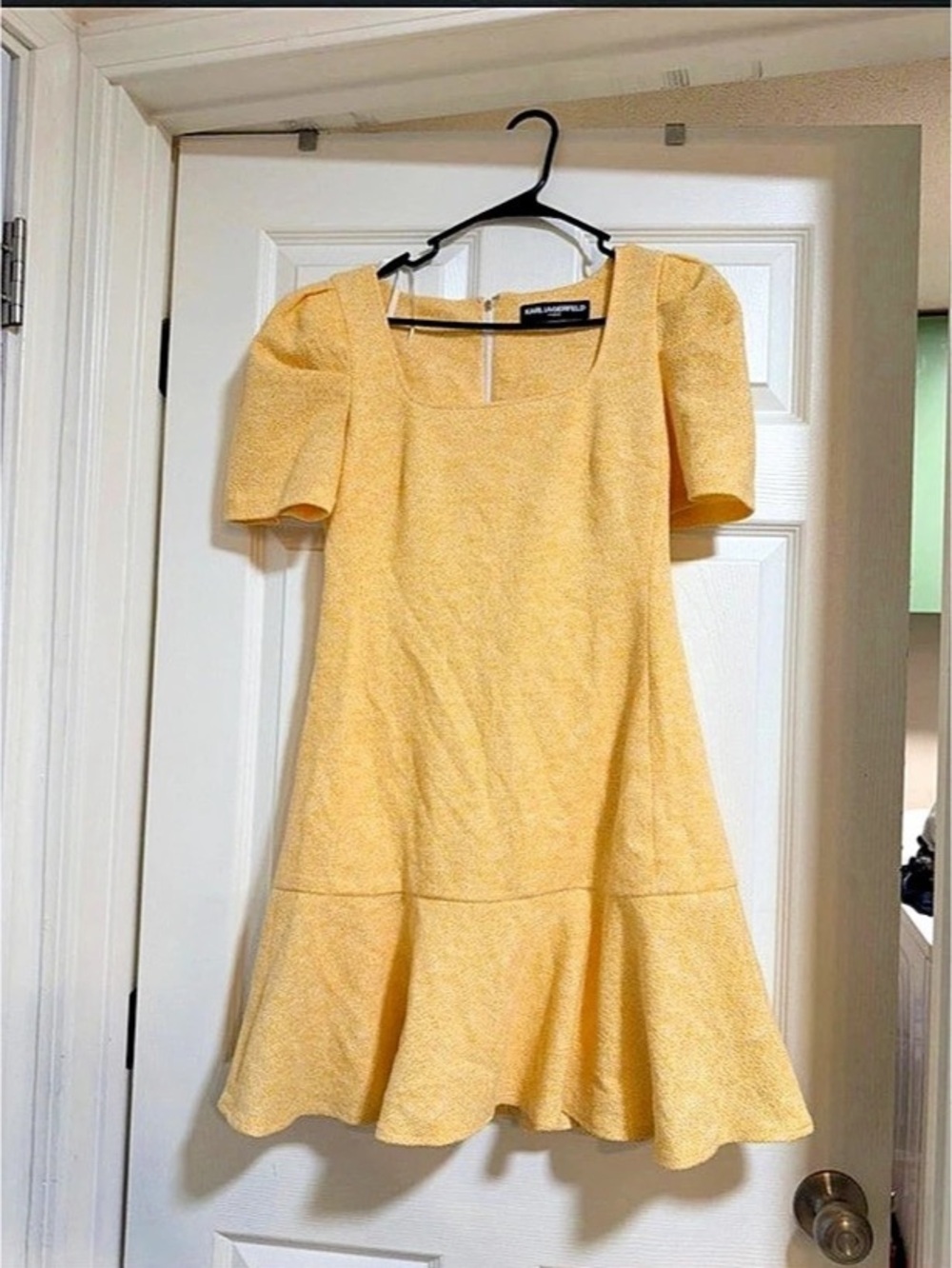 Karl Lagerfeld Paris Textured Tweed Short Sleeve Ruffle Hem Dress Ruffle Hem